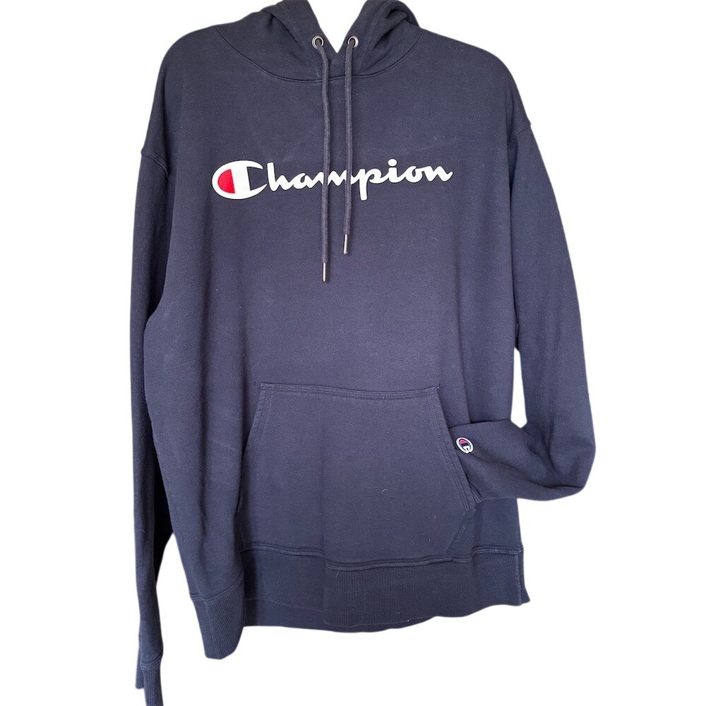 Champion Hoodie Mens L Navy Blue Script Logo Pullover Kangaroo Pocket